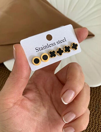 Çelik 6 Lı Yonca Set Küpe Siyah