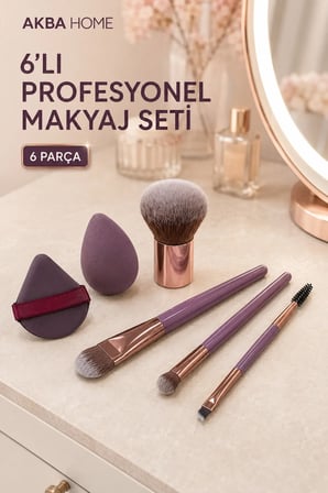 6’lı Profesyonel Makyaj Fırça Seti Kabuki Fondöten Far Kaş Fırçası Sünger ve Pudra Pufu