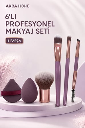 6’lı Profesyonel Makyaj Fırça Seti Kabuki Fondöten Far Kaş Fırçası Sünger ve Pudra Pufu