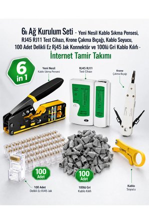 6lı Ağ Kurulum Seti - Yeni Nesil Kablo Sıkma Pensesi, RJ45 RJ11 Test Cihazı, Krone Çakma Bıçağı, Kablo Soyucu, 100 Adet Delikli Ez Rj45 Jak Konnektör ve 100lü Gri Kablo Kılıfı - İnternet Tamir Takımı