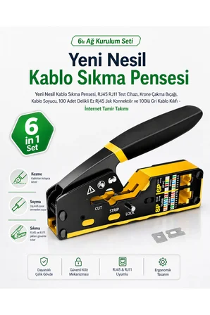 6lı Ağ Kurulum Seti - Yeni Nesil Kablo Sıkma Pensesi, RJ45 RJ11 Test Cihazı, Krone Çakma Bıçağı, Kablo Soyucu, 100 Adet Delikli Ez Rj45 Jak Konnektör ve 100lü Gri Kablo Kılıfı - İnternet Tamir Takımı