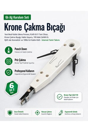 6lı Ağ Kurulum Seti - Yeni Nesil Kablo Sıkma Pensesi, RJ45 RJ11 Test Cihazı, Krone Çakma Bıçağı, Kablo Soyucu, 100 Adet Delikli Ez Rj45 Jak Konnektör ve 100lü Gri Kablo Kılıfı - İnternet Tamir Takımı