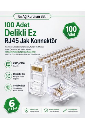 6lı Ağ Kurulum Seti - Yeni Nesil Kablo Sıkma Pensesi, RJ45 RJ11 Test Cihazı, Krone Çakma Bıçağı, Kablo Soyucu, 100 Adet Delikli Ez Rj45 Jak Konnektör ve 100lü Gri Kablo Kılıfı - İnternet Tamir Takımı