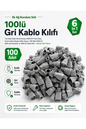 6lı Ağ Kurulum Seti - Yeni Nesil Kablo Sıkma Pensesi, RJ45 RJ11 Test Cihazı, Krone Çakma Bıçağı, Kablo Soyucu, 100 Adet Delikli Ez Rj45 Jak Konnektör ve 100lü Gri Kablo Kılıfı - İnternet Tamir Takımı