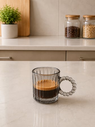 6'lı Açık Füme Espresso Bardağı Seti 130 ML Cam Boncuk Kulplu Dekoratif Kahve Bardağı