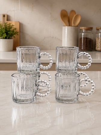 6'lı Açık Füme Espresso Bardağı Seti 130 ML Cam Boncuk Kulplu Dekoratif Kahve Bardağı