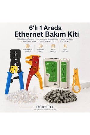 6lı 1 Arada Ethernet Bakım Kiti EZ RJ45 Sıkma Pensesi Otomatik Kablo Soyucu Makası Kablo Test Cihazı Mini Soyucu Aparat 100lü Delikli Konnektör Boot Kılıf Seti İnternet Altyapı Çakma Pense Takımı