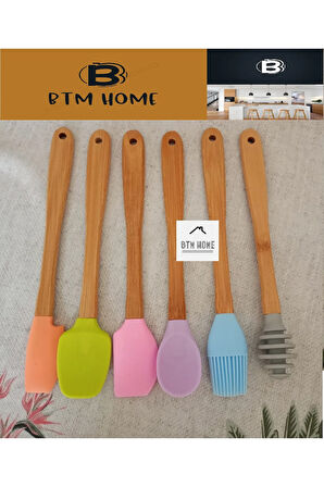 6 Parça Bambu Saplı Silikon Spatula Mutfak Seti, Tencere Tava Pasta Kek Sıyırma Seti,