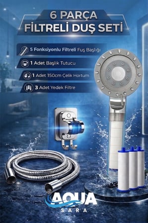 6 Parça Yüksek Basınçlı Filtreli Duş Başlığı Seti | 5 Modlu, 3 Yedek Filtreli, Hortum ve Duş Başlığı Tutucu