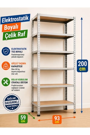6 Katlı Çelik Raf Sistemi, Market, Depo, Ayakkabı, Arşiv, Çiçek, Kiler, Dosya Rafı – 59x93x200 cm – 1,0 mm