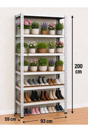 6 Katlı Çelik Raf Sistemi, Market, Depo, Ayakkabı, Arşiv, Çiçek, Kiler, Dosya Rafı – 59x93x200 cm – 1,0 mm