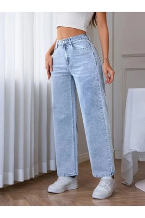 Kayla Beyaz Açık Mavi Süper Yüksek Bel Wide Leg Jeans Likralı Salaş Paça Denim Kot Pantolon