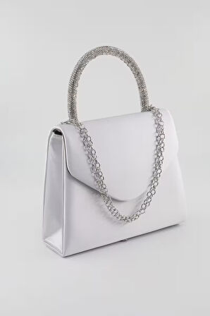 Saten taşlı gümüş abiye çanta. Clutch saten gümüş gece çantası. Abiye çanta gümüş. Saten abiye çanta
