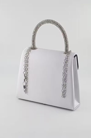 Saten taşlı gümüş abiye çanta. Clutch saten gümüş gece çantası. Abiye çanta gümüş. Saten abiye çanta