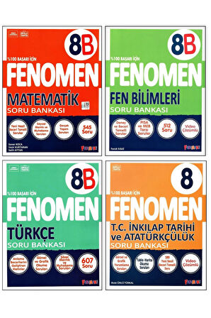 Fenomen 8. Sınıf LGS Matematik(B)+Fen(B)+Türkçe(B)+İnkılap Tar.Soru Bankası 4 Kitap