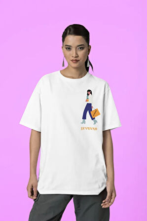 Çantalı Kadın Baskılı Oversize Tişört