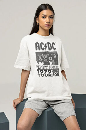 AC DC Highway To Hell 1979 Tour Baskılı Unisex Tişört, Oversize Müzik Grubu Tişört