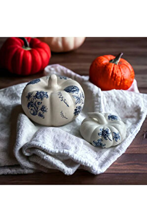 Dekoratif Seramik Kabak - Mavi Beyaz - 2’li set