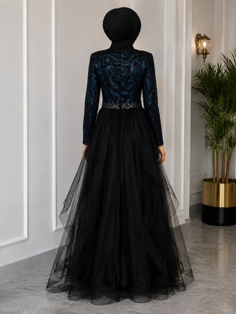 🖤 Saks Mavi Detaylı Tesettür Tül Abiye Elbise