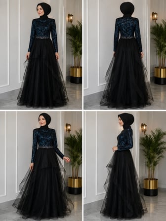 🖤 Saks Mavi Detaylı Tesettür Tül Abiye Elbise