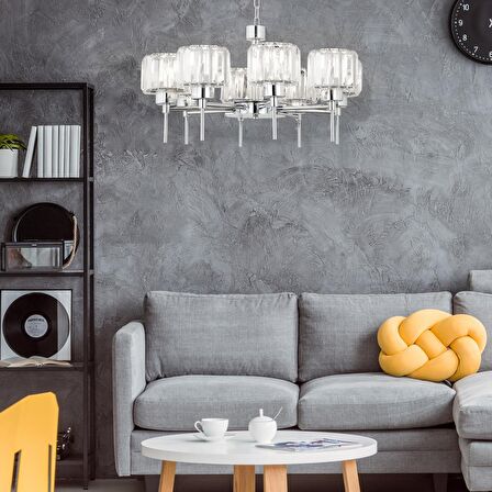 Sadem 8'Li Krom Kristalli Taşlı Modern Tasarım Salon-Yatak Odası Kristal Salon Avize
