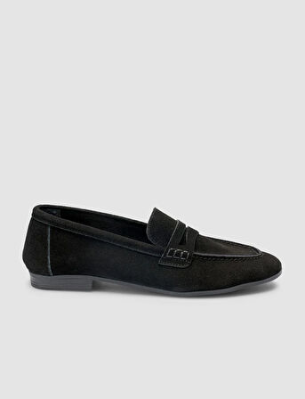 %100 Hakiki Deri Siyah Süet Kadın Loafer