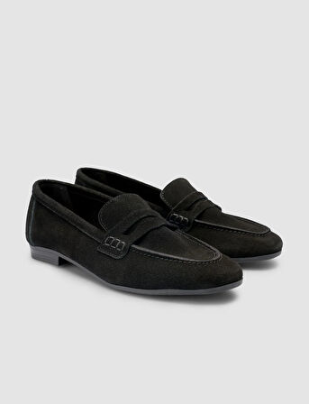%100 Hakiki Deri Siyah Süet Kadın Loafer