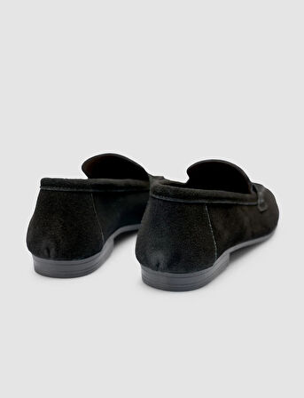 %100 Hakiki Deri Siyah Süet Kadın Loafer