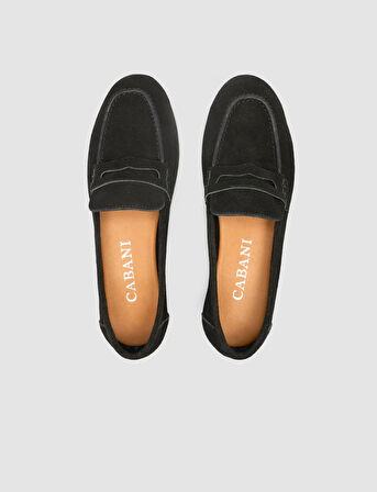 %100 Hakiki Deri Siyah Süet Kadın Loafer