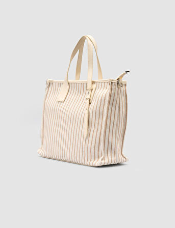 Cabani Çizgili Keten Bej - Vizon Kadın Çanta