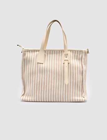 Cabani Çizgili Keten Bej - Vizon Kadın Çanta