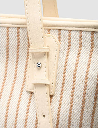 Cabani Çizgili Keten Bej - Vizon Kadın Çanta