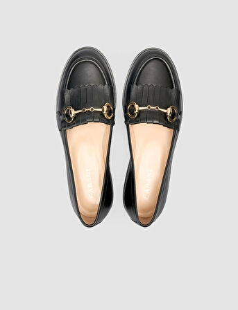 %100 Hakiki Deri Siyah Kadın Püsküllü Loafer