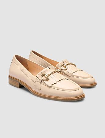 %100 Hakiki Deri Bej Kadın Püsküllü Loafer
