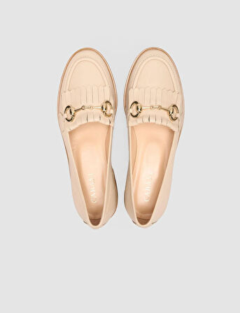 %100 Hakiki Deri Bej Kadın Püsküllü Loafer
