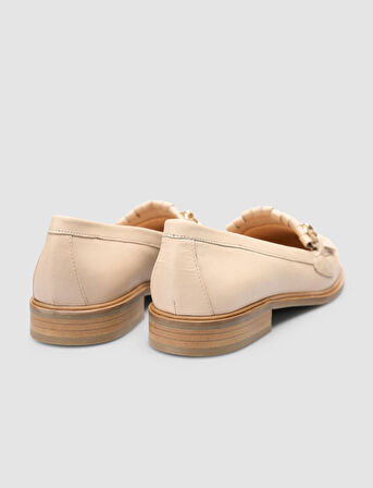 %100 Hakiki Deri Bej Kadın Püsküllü Loafer