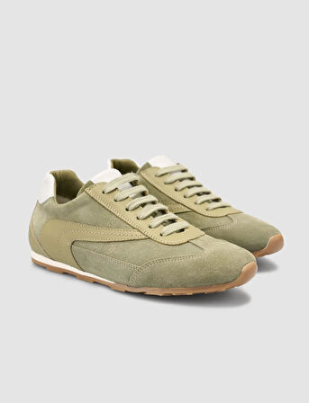 %100 Hakiki Deri Haki Süet Bağcıklı Kadın Sneaker