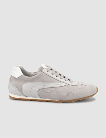 %100 Hakiki Deri Açık Gri Süet Bağcıklı Kadın Sneaker