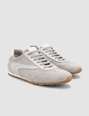 %100 Hakiki Deri Açık Gri Süet Bağcıklı Kadın Sneaker