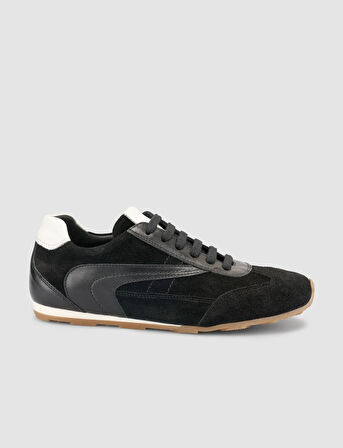 %100 Hakiki Deri Siyah Süet Bağcıklı Kadın Sneaker