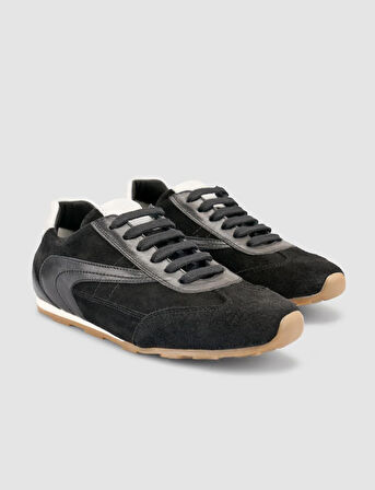 %100 Hakiki Deri Siyah Süet Bağcıklı Kadın Sneaker