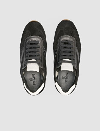 %100 Hakiki Deri Siyah Süet Bağcıklı Kadın Sneaker