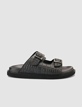 %100 Hakiki Deri Croco Desen Siyah Erkek Terlik
