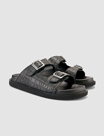 %100 Hakiki Deri Croco Desen Siyah Erkek Terlik