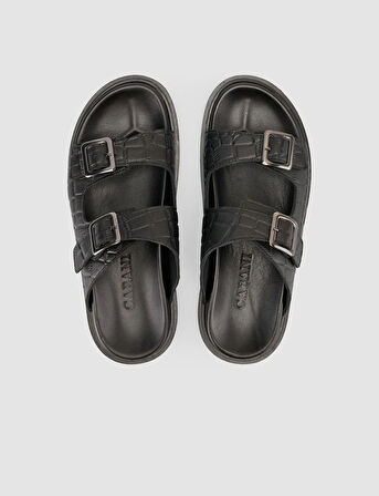 %100 Hakiki Deri Croco Desen Siyah Erkek Terlik