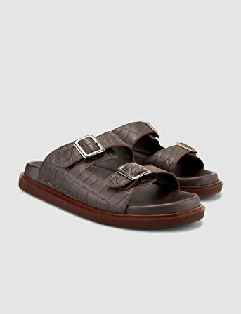 %100 Hakiki Deri Croco Desen Kahverengi Erkek Terlik