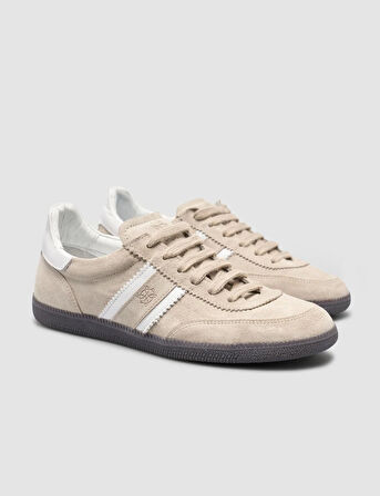 %100 Hakiki Deri Bej Bağcıklı Kadın Sneaker