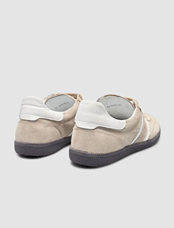 %100 Hakiki Deri Bej Bağcıklı Kadın Sneaker