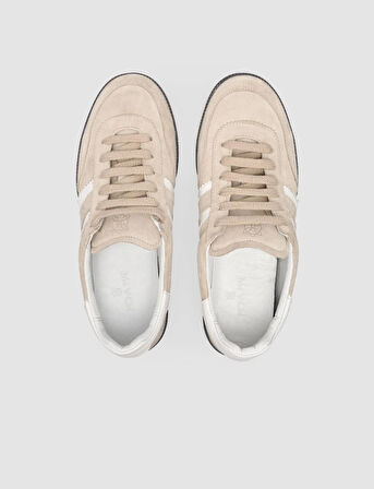%100 Hakiki Deri Bej Bağcıklı Kadın Sneaker