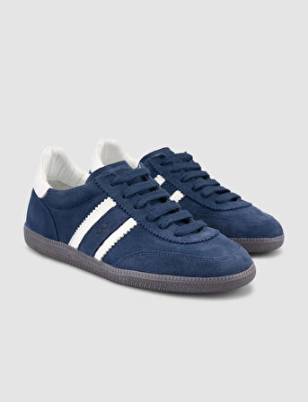%100 Hakiki Deri Lacivert Bağcıklı Kadın Sneaker